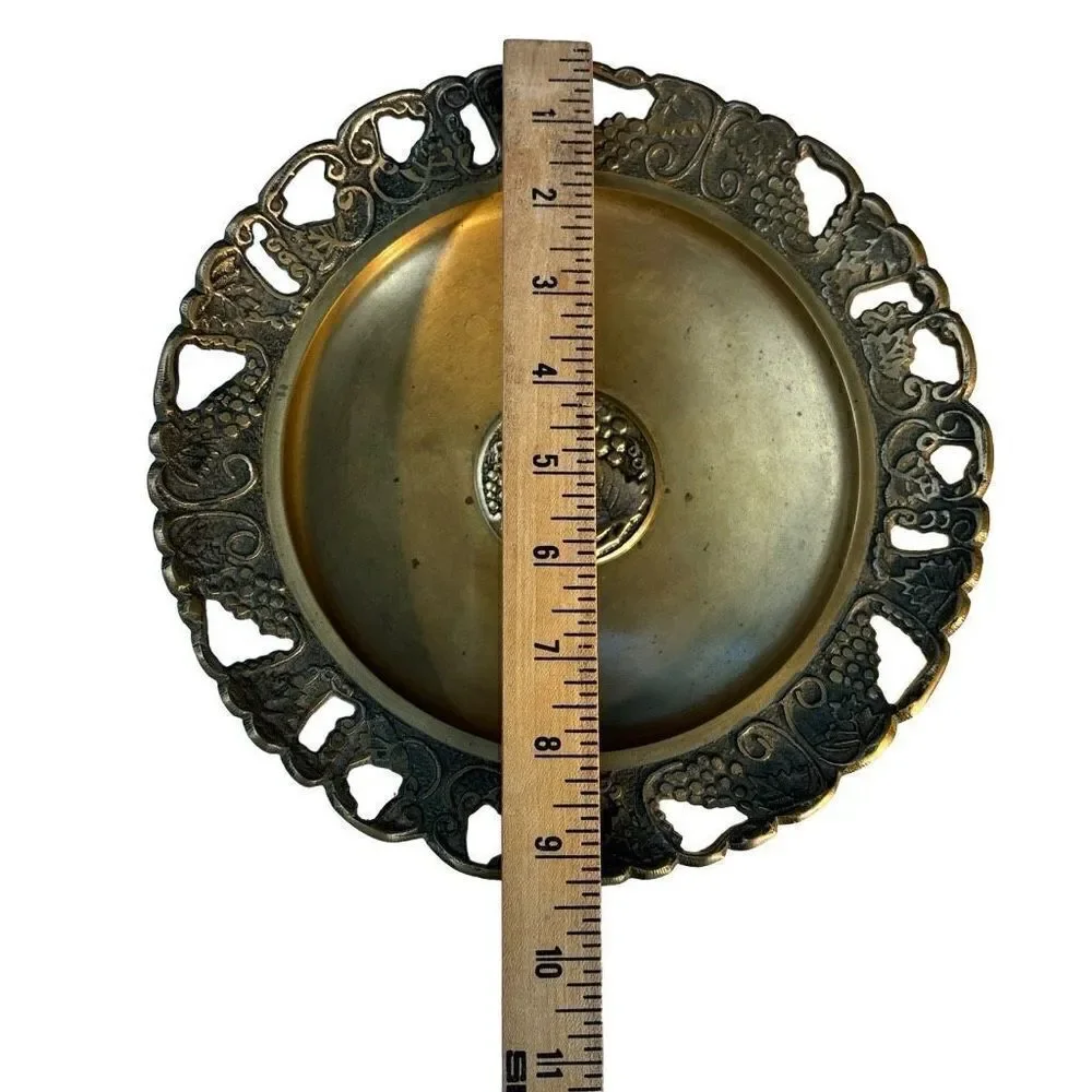 vintage brass cut out dish / brass dish with raised relief grape pattern / vinta
